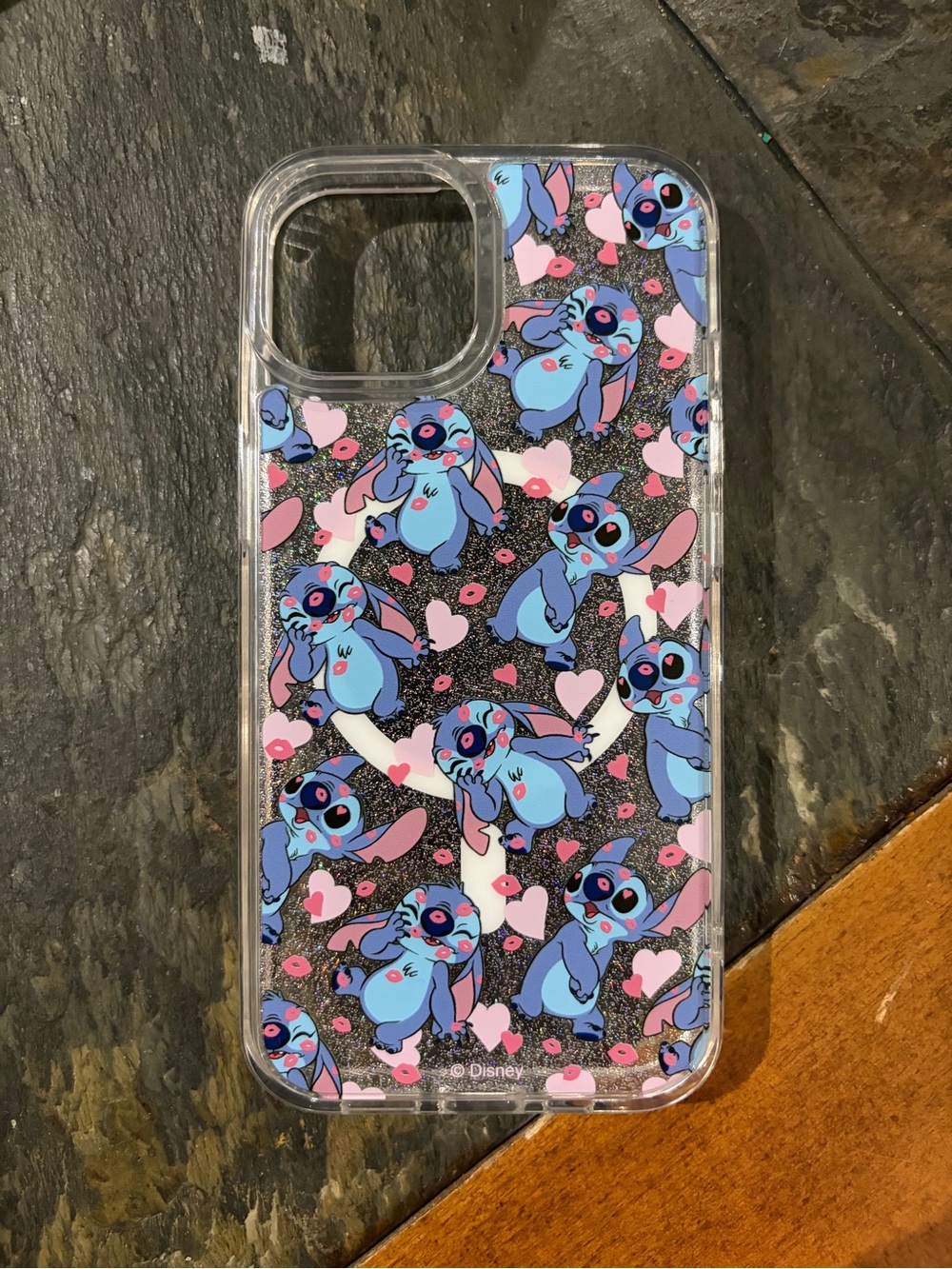 IPHONE 13 - Disney Stitch Glitter Clear Phone Case with Pink Hearts